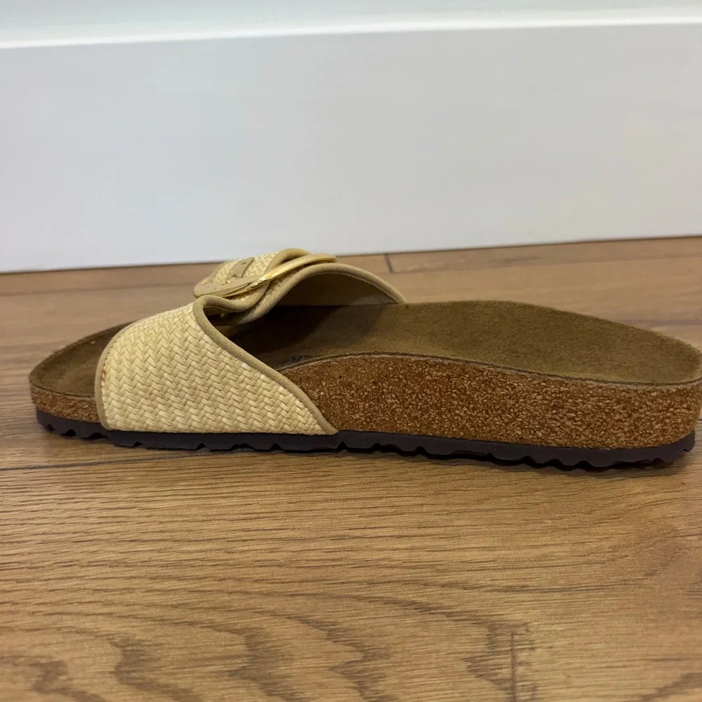 Birkenstock Madrid Big Buckle Raffia Slide 39 Beige Women Sandal Gold Buckle